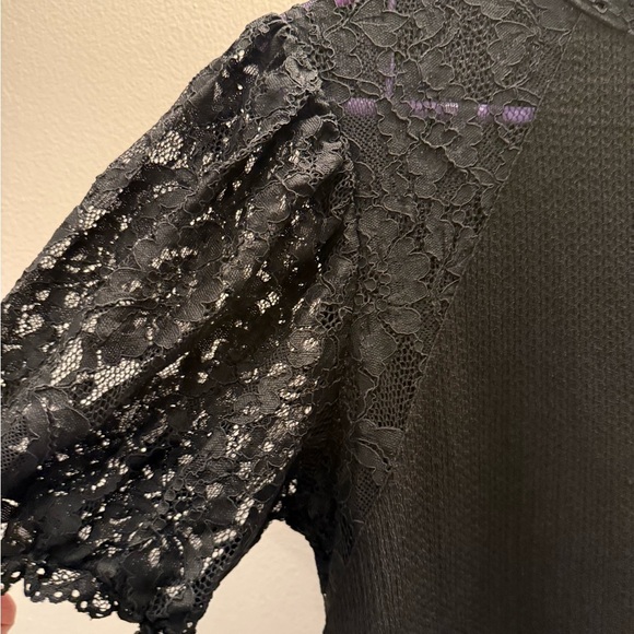 Zara Womens Floral Lace Shift Dress Puff Sleeve Waffle Knit Back Keyhole Black m - Picture 2 of 6